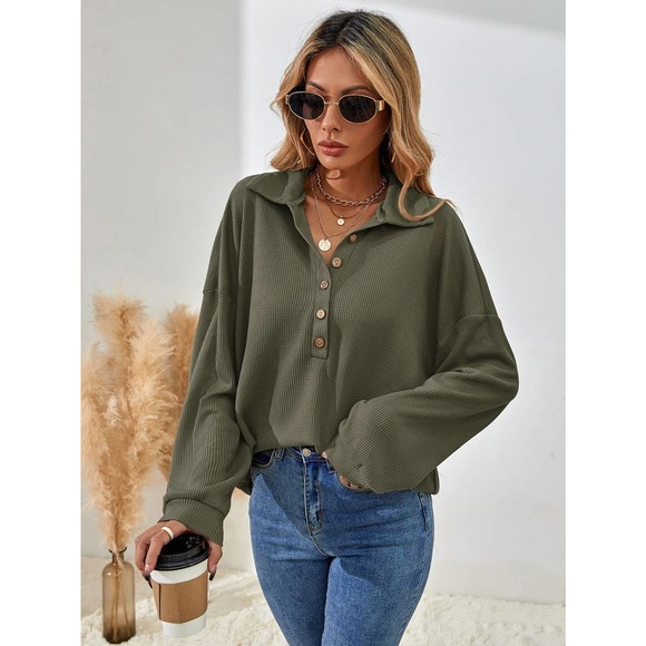 🌟 fold down collared Half Button henley long sleeve soft knit tee fall tan - Picture 7 of 8